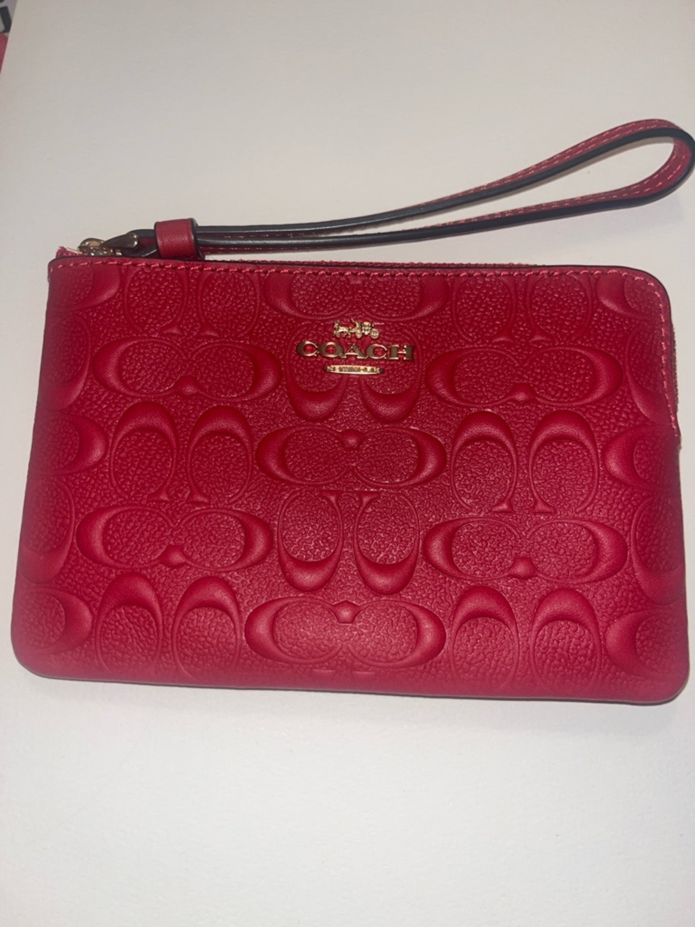 Coach Red Signature-Embossed Leather Wristlet Pouch